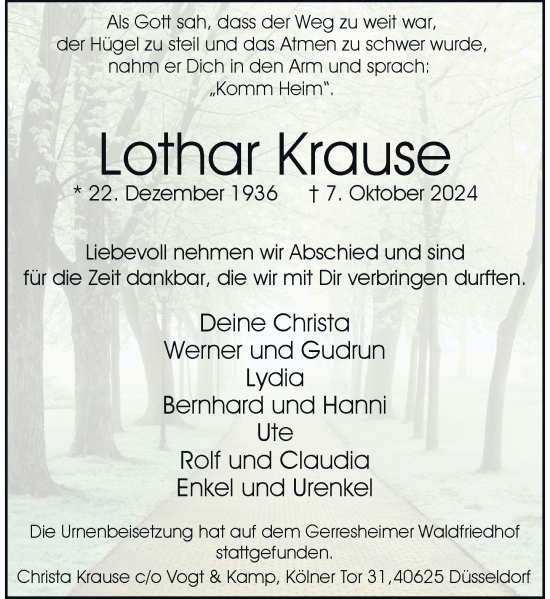 Traueranzeige von Lothar Krause von Rheinische Post