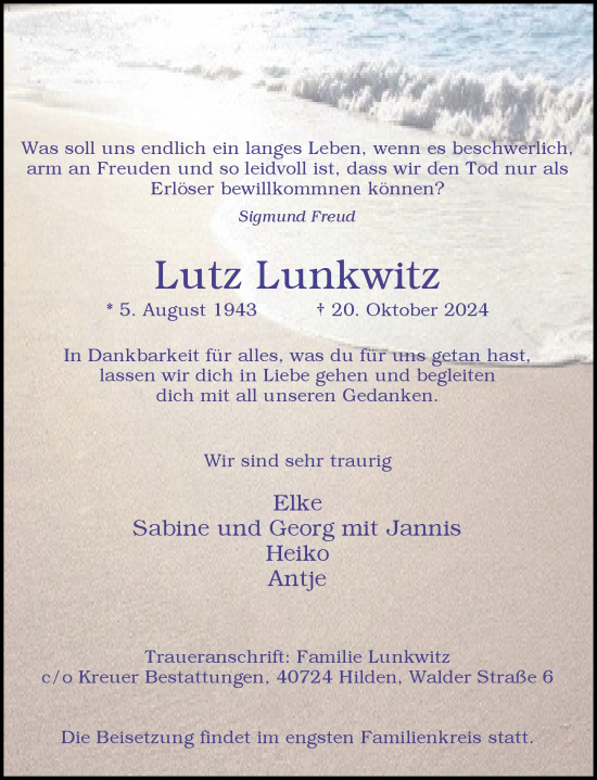 Traueranzeige von Lutz Lunkwitz von Rheinische Post