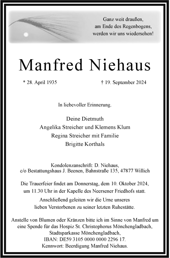 Traueranzeige von Manfred Niehaus von Rheinische Post