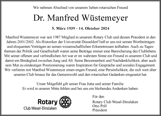 Traueranzeige von Manfred Wüstemeyer von Rheinische Post