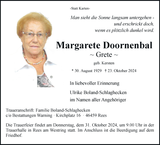 Traueranzeige von Margarete Doornenbal von Rheinische Post