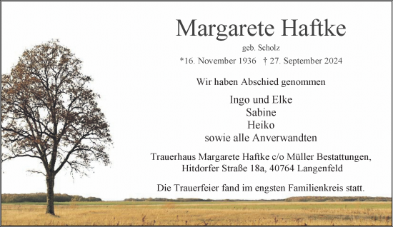 Traueranzeige von Margarete Haftke von Rheinische Post