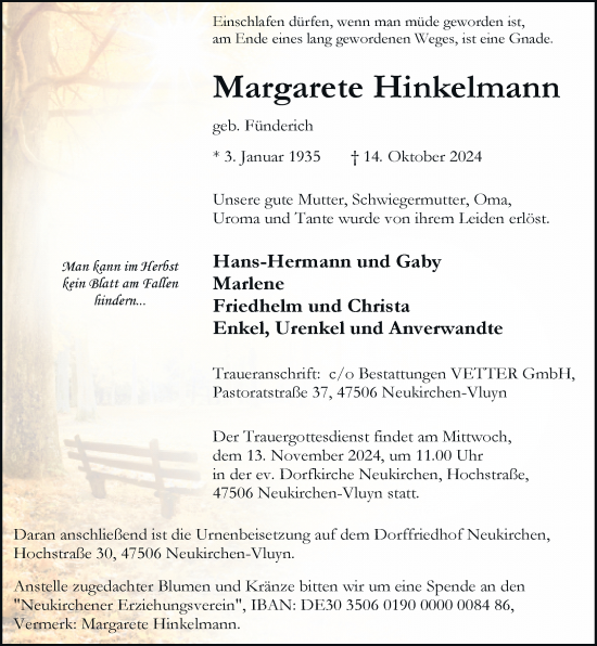 Traueranzeige von Margarete Hinkelmann von Rheinische Post