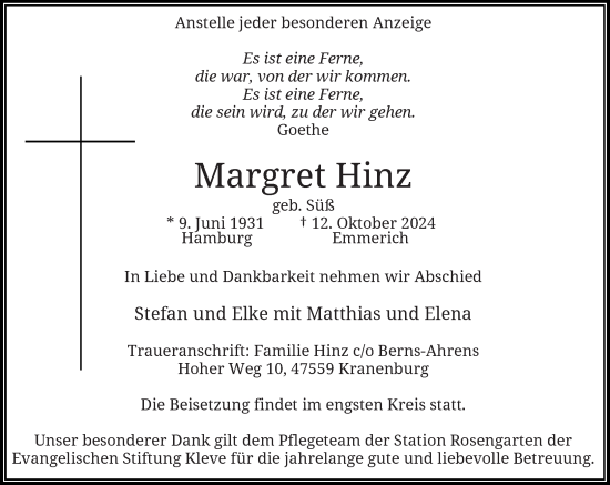 Traueranzeige von Margret Hinz von Rheinische Post