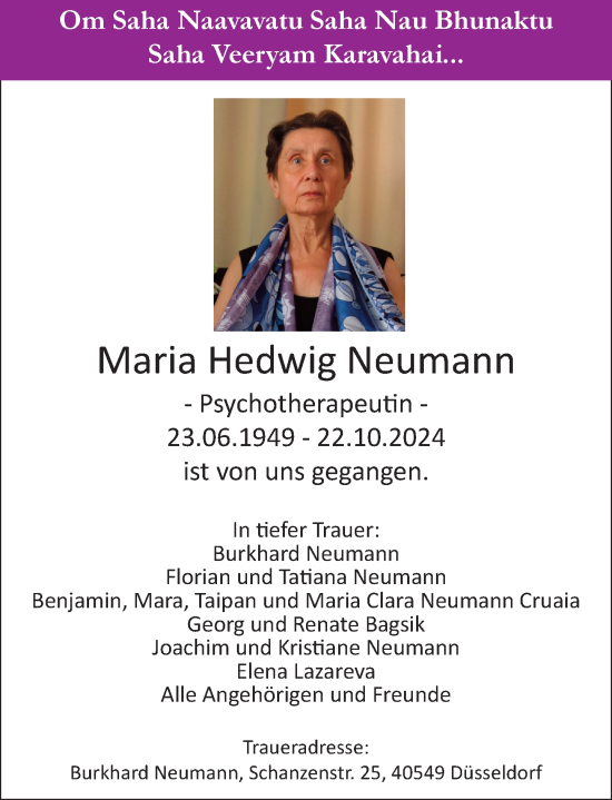 Traueranzeige von Maria Hedwig Neumann von Rheinische Post