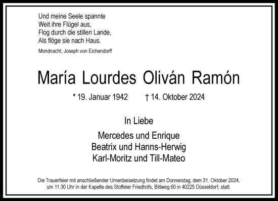 Traueranzeige von Maria Lourdes Olivan Ramon von Rheinische Post