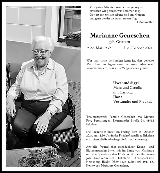 Traueranzeige von Marianne Geneschen von Rheinische Post