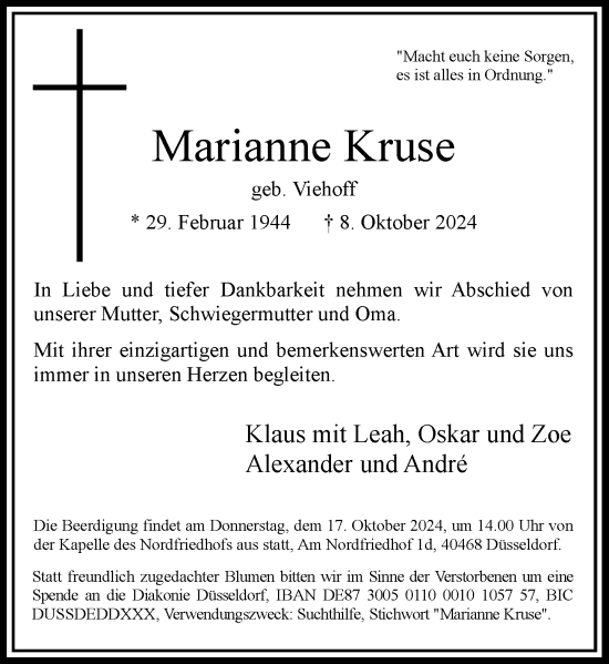 Traueranzeige von Marianne Kruse von Rheinische Post