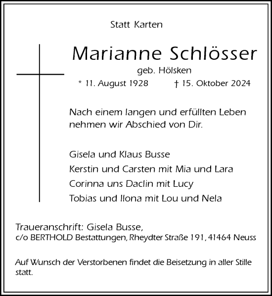 Traueranzeige von Marianne Schlösser von Rheinische Post