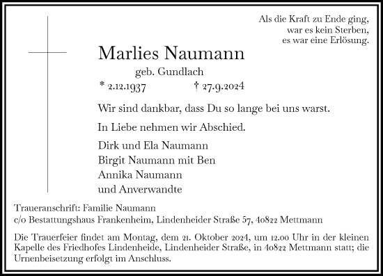 Traueranzeige von Marlies Naumann von Rheinische Post