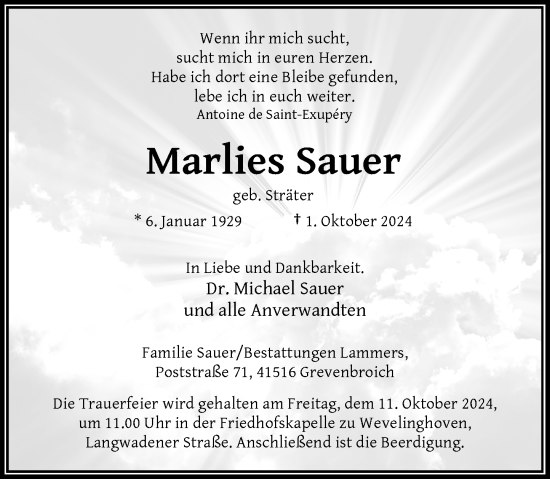 Traueranzeige von Marlies Sauer von Rheinische Post