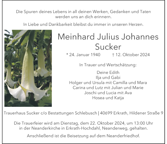 Traueranzeige von Meinhard Julius Johannes Sucker von Rheinische Post