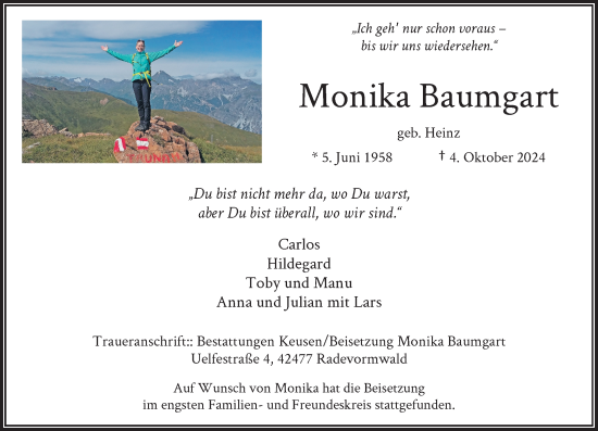 Traueranzeige von Monika Baumgart von Rheinische Post