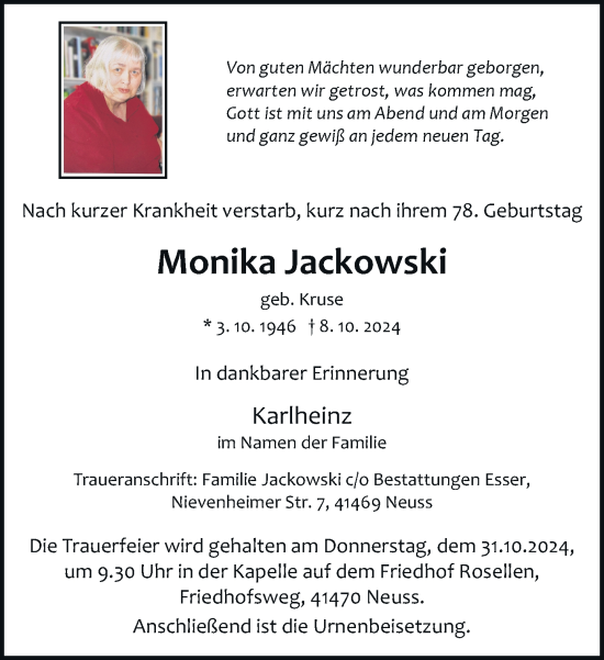 Traueranzeige von Monika Jackowski von Rheinische Post