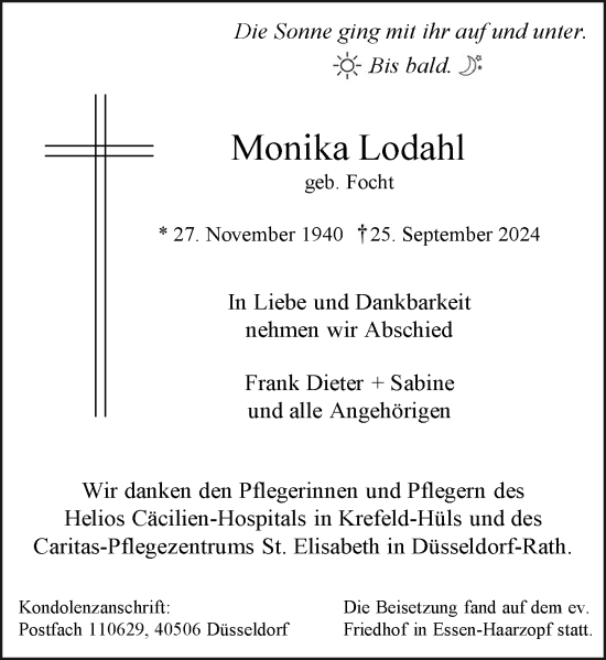 Traueranzeige von Monika Lodahl von Rheinische Post