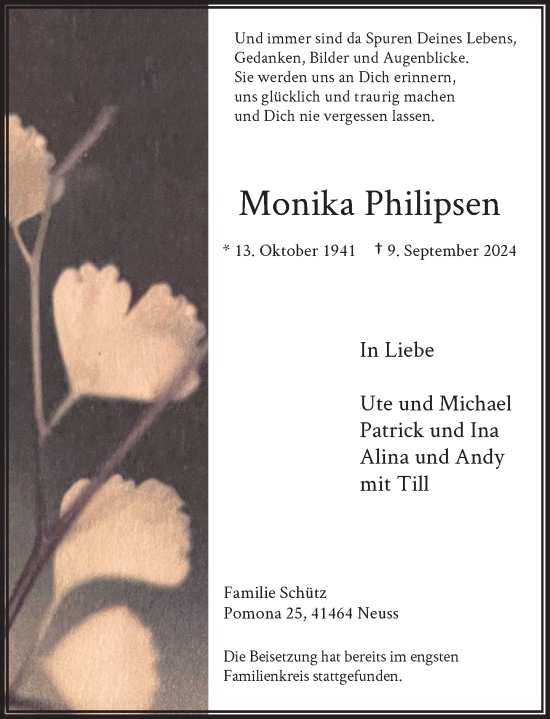 Traueranzeige von Monika Philipsen von Rheinische Post