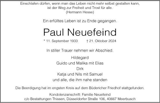 Traueranzeige von Paul Neuefeind von Rheinische Post