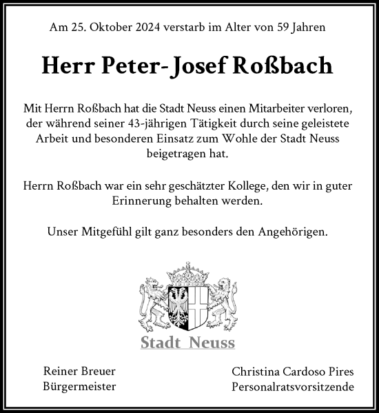 Traueranzeige von Peter-Josef Roßbach von Rheinische Post