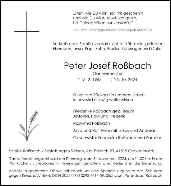 Traueranzeige von Peter Josef Roßbach von Rheinische Post