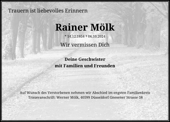 Traueranzeige von Rainer Mölk von Rheinische Post