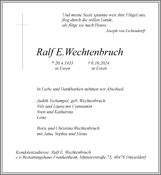 Traueranzeige von Ralf E.Wechtenbruch von Rheinische Post