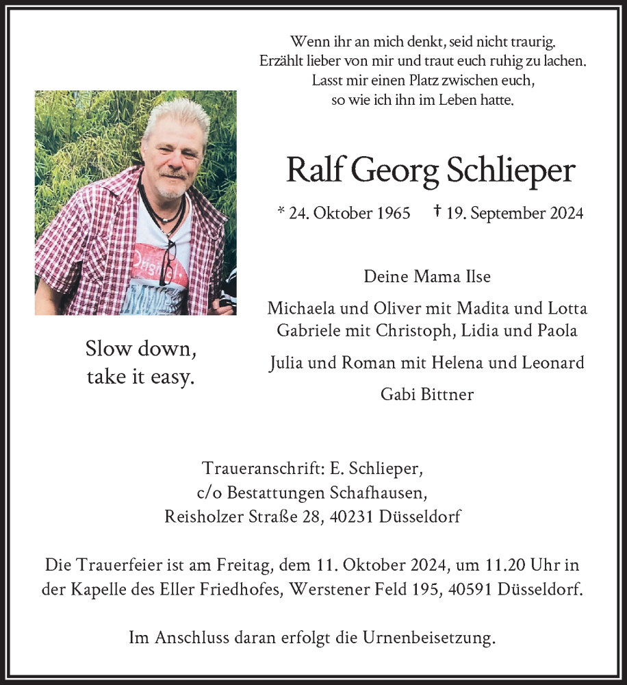  Traueranzeige für Ralf Georg Schlieper vom 05.10.2024 aus Rheinische Post