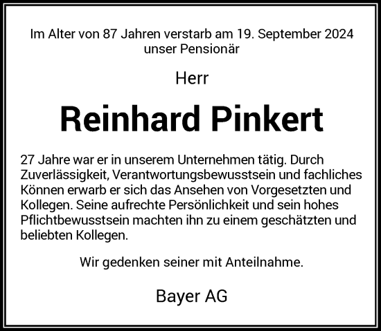 Traueranzeige von Reinhard Pinkert von Rheinische Post