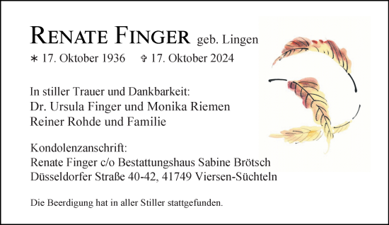 Traueranzeige von Renate Finger von Rheinische Post