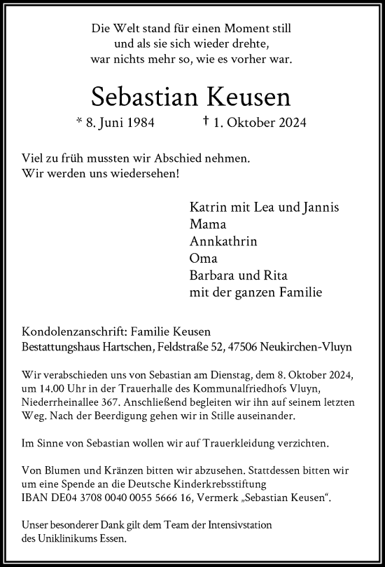 Traueranzeige von Sebastian Keusen von Rheinische Post