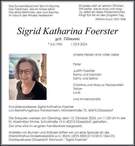 Traueranzeige von Sigrid Katharina Foerster von Rheinische Post