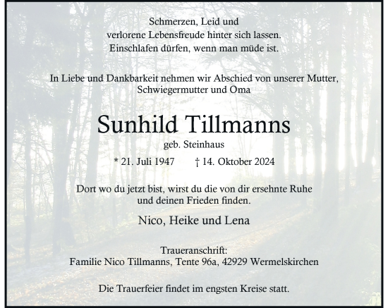 Traueranzeige von Sunhild Tillmanns von Rheinische Post