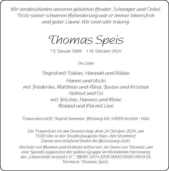 Traueranzeige von Thomas Speis von Rheinische Post