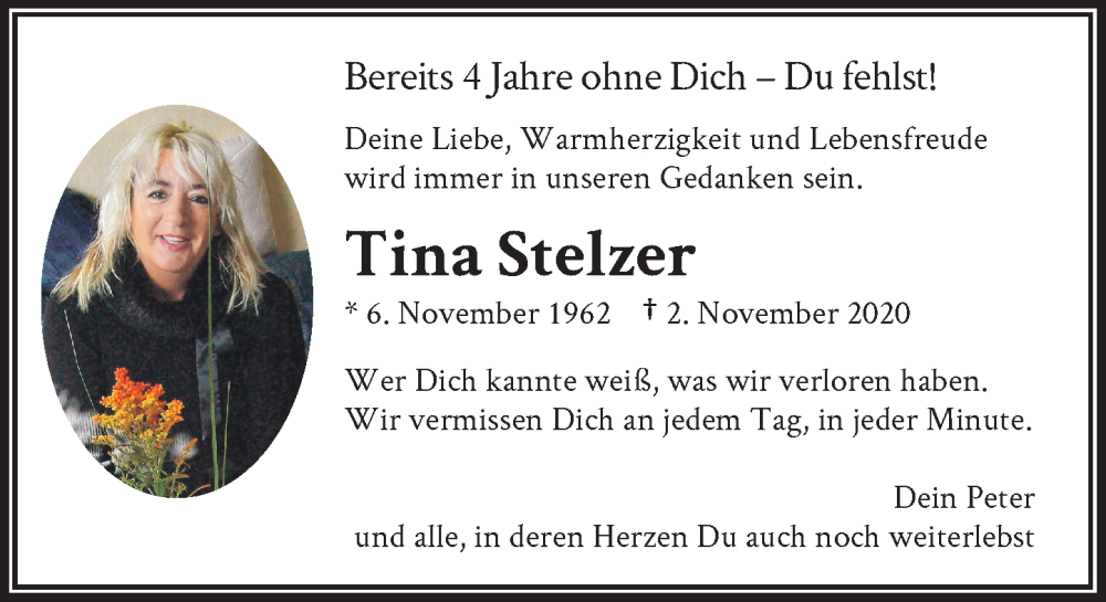  Traueranzeige für Tina Stelzer vom 02.11.2024 aus Rheinische Post