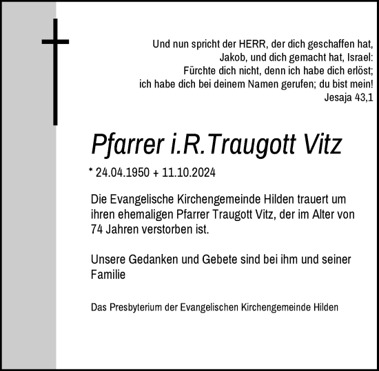 Traueranzeige von Traugott Vitz von Rheinische Post