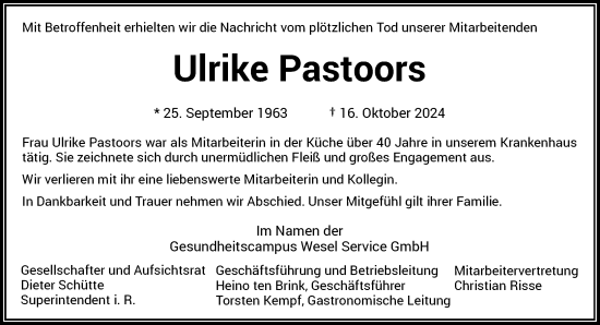 Traueranzeige von Ulrike Pastoors von Rheinische Post