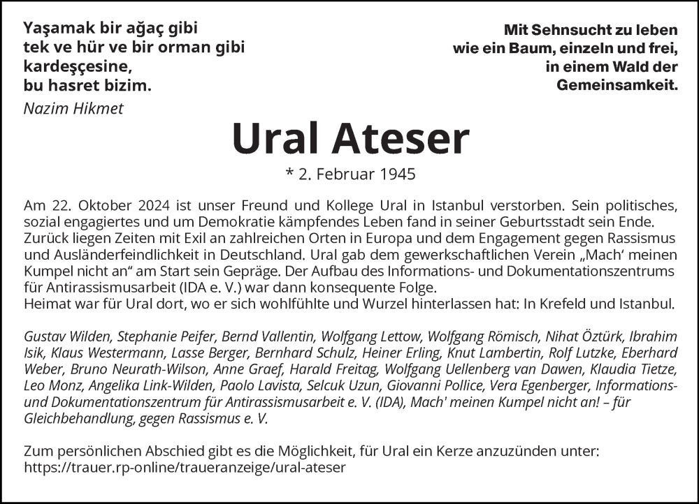  Traueranzeige für Ural Ateser vom 26.10.2024 aus Rheinische Post