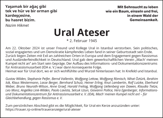 Traueranzeige von Ural Ateser von Rheinische Post