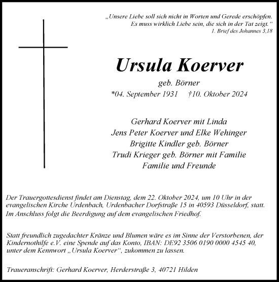 Traueranzeige von Ursula Koerver von Rheinische Post