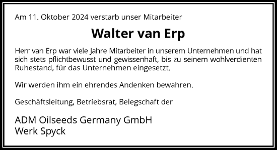 Traueranzeige von Walter van Erp von Rheinische Post