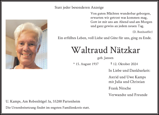 Traueranzeige von Waltraud Nätzkar von Rheinische Post