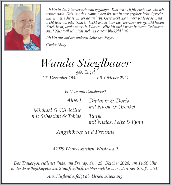 Traueranzeige von Wanda Stieglbauer von Rheinische Post