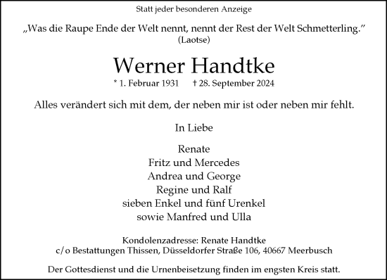 Traueranzeige von Werner Handtke von Rheinische Post