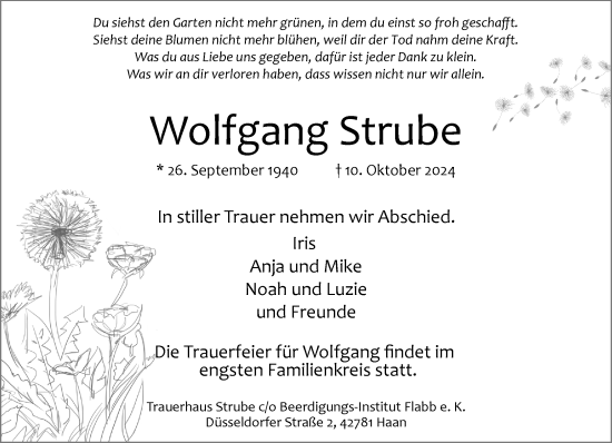 Traueranzeige von Wolfgang Strube von Rheinische Post