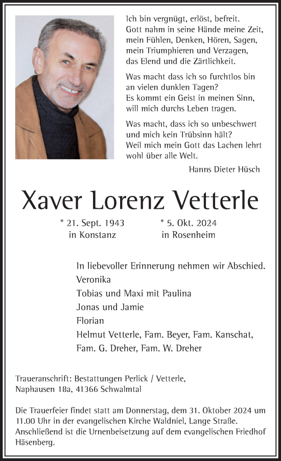 Traueranzeige von Xaver Lorenz Vetterle von Rheinische Post