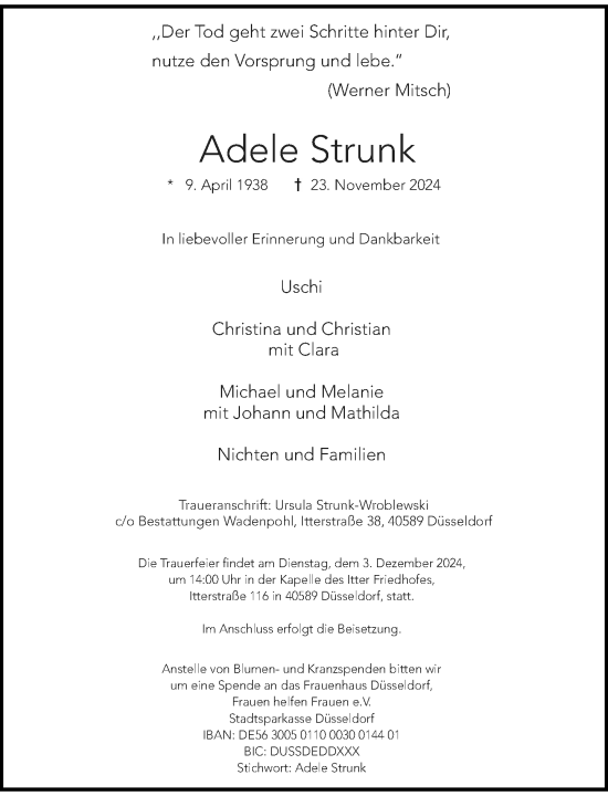 Traueranzeige von Adele Strunk von Rheinische Post