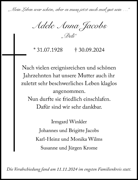 Traueranzeige von Adele Anna Jacobs von Rheinische Post