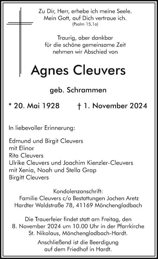 Traueranzeige von Agnes Cleuvers von Rheinische Post