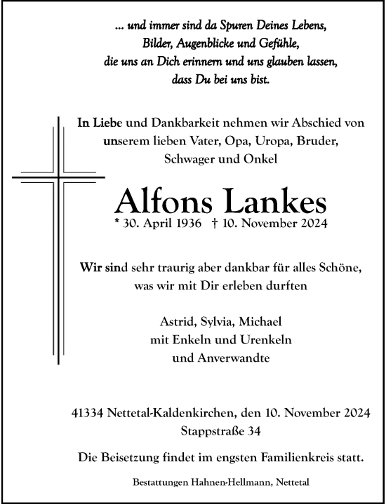 Traueranzeige von Alfons Lankes von Rheinische Post