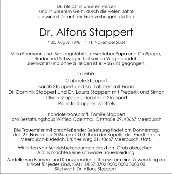 Traueranzeige von Alfons Stappert von Rheinische Post