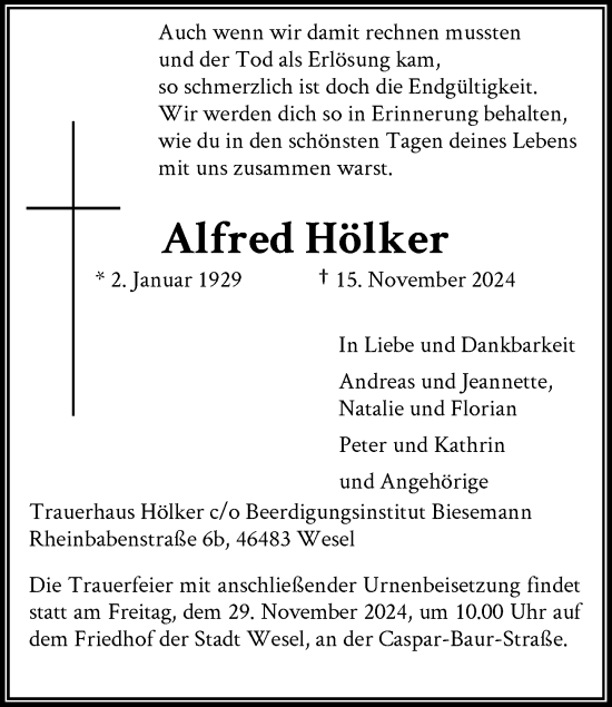 Traueranzeige von Alfred Hölker von Rheinische Post